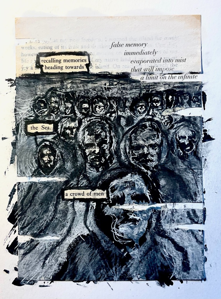 7.	In a monochrome grey-blue, a crowd of hooded men loom towards the reader. Three boxes read: ‘recalling memories, heading towards / the Sea/ a crowd of men’. In the top right corner, arranged diagonally, the words: ‘false memory/ immediately/ evaporated into mist/ that will impose/ a limit on the infinite’.