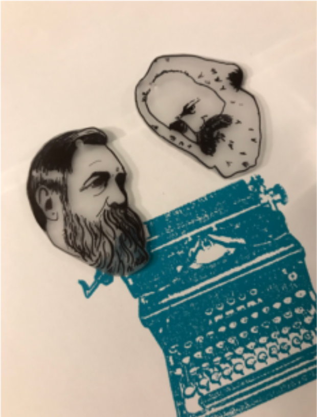 A Collage of cut out transparencies of Engels on left, Marx on right -- in a diagonal relationship, a blue-green typewriter beneath -- faded. 