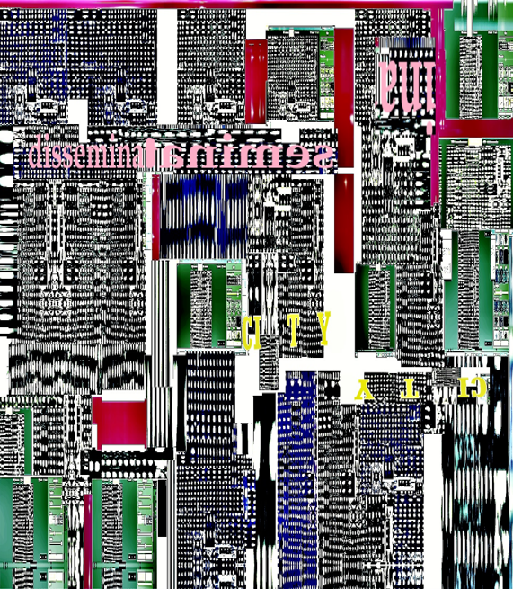 a vertical glitch vispo that looks like city blocks, built up modern- post modern urban sprawl as well as motherboards, computer parts, In grey, pink, black and white, forest green, crimson nd blue. the words "dissemination" and City" are present ed, as well as stretched, turned upside down, deconstructed. Glitch glitch glitch 