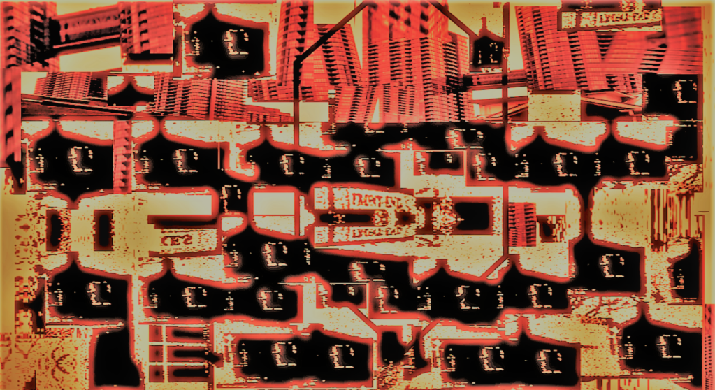 A horizontal glitch collage of high rises (at top) and old worker cottages below in jumbled rows. Colour scheme: pink-crimson, black cottages with red roofs and yellow windows, yellow-brown rust background 