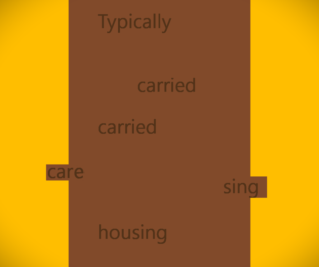 A yellow/brown poster. The brown in centre, approximating an apartment complex or a smokestack. Geometric. Text down the left-to middle of the brown rectangle:
Typically
carried
carried
care
sing
 housing