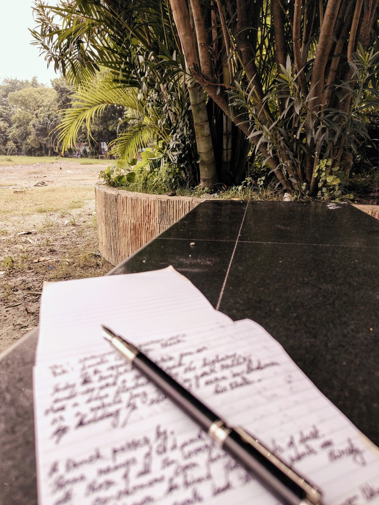 The writer's notebook, hand written notes, a black-gold expensive fountain pen, blurred, a black granite table (in focus), at the edges, left, dry field, grass,  the hint of planters.
